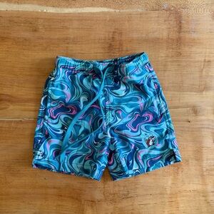 Kids Swim Trunks with Blue and Pink Swirl Pattern